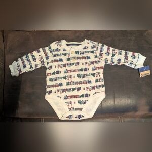 OshKosh B'gosh Holiday Train Pattern Long Sleeve Henley Bodysuit Snap Crotch